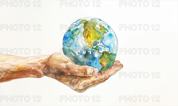 Watercolor illustration of a hand holding a globe Earth, white background AI generated