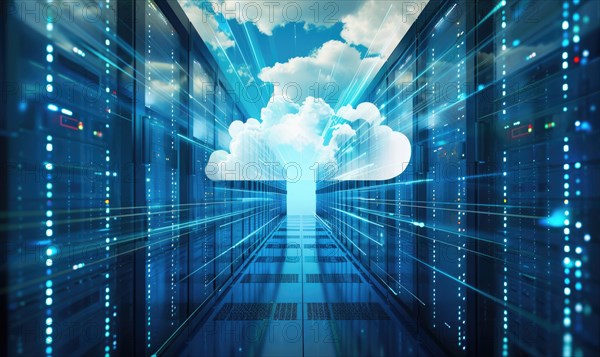 Cloud computing background with server racks and digital data streams AI generated