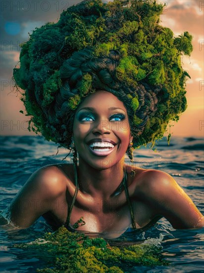 Joyous woman with green moss hairmoss growing and thriving, creating a mystical and enchanting effect, emerging from ocean waters at dusk, earth day concept, AI generated