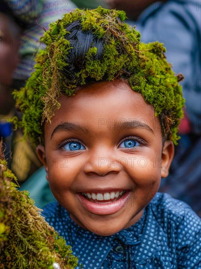 Blue-eyed child with a joyful expression wearing moss headwear outdoors, earth day concept, AI generated