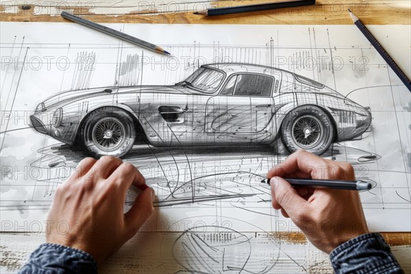 A designer in the field of automotive design, industrial design sketches a sports car from the 1960s by hand with a pencil, AI generated, AI generated, AI generated