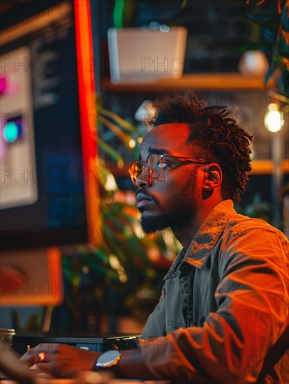 Concentrated man coding on a computer in a warmly lit, tech-oriented office space, AI generated