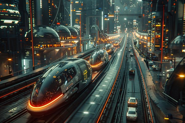 Futuristic trains travel through a neon-lit cityscape in an urban environment at night, AI generated