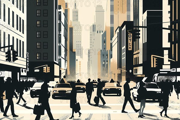 Dynamic illustration of busy city life with pedestrians hustling along a sunny city street amid tall buildings, illustration, AI generated