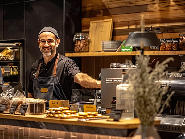 Friendly barista smiling at the camera in a warmly lit coffee shop with a casual ambiance, coffee shop, Rome, Italy, AI generated, Europe