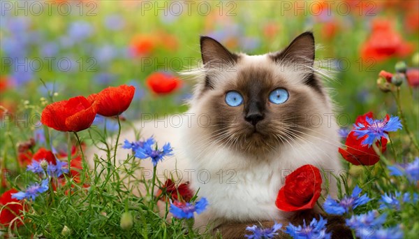 KI generated, animal, animals, mammal, mammals, cat, felidae (Felis catus), a cat lies in a meadow with cornflowers and poppies