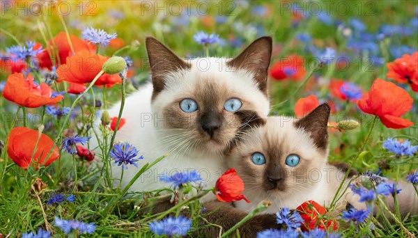 KI generated, animal, animals, mammal, mammals, cat, felidae (Felis catus), a cat and a kitten lying in a meadow with flowers