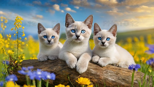 KI generated, animal, animals, mammal, mammals, cat, felidae (Felis catus), three cats resting on a tree, flower meadow