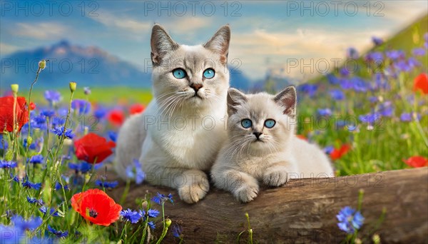 KI generated, animal, animals, mammal, mammals, cat, felidae (Felis catus), a cat and a kitten resting in a meadow with colourful flowers