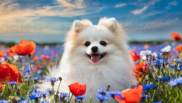 KI generated, animal, animals, mammal, mammals, one, single animal, dwarf spitz, Spitz, (Canis lupus familiaris), dog, dogs, bitch, Pomeranians, flower meadow with poppies and cornflowers