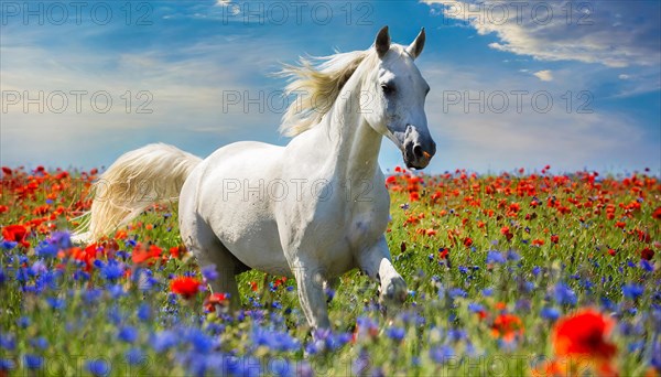 KI generated, A horse, horses, Arabian, in front of a blue sky, thoroughbred Arabian, AV, Arabian thoroughbred, (Eqqus ferus caballus), running in a meadow with colourful flowers