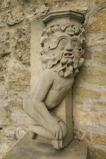 Detail at the moated castle Sachsenheim, castle Grosssachsenheim, former moated castle, architecture, historical building from the 15th century, stone figure, relief, portrait of the castle ghost, legendary figure with the name Klopferle, Sachsenheim, district Ludwigsburg, Baden-Wuerttemberg, Germany, Europe