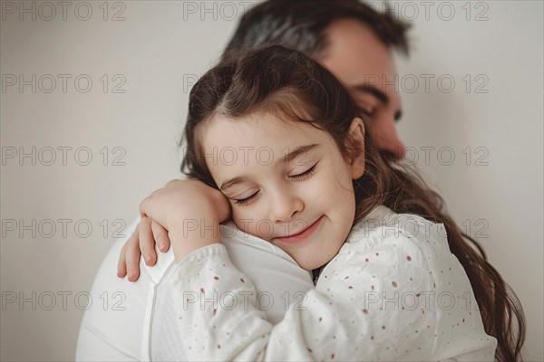 Female child hugging her father. Broken up white chocolate bars, AI generated