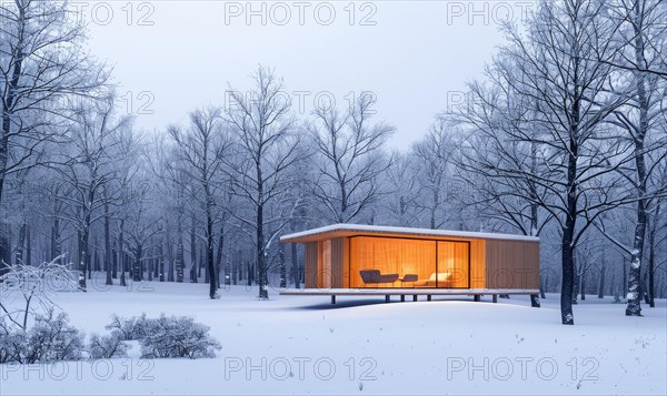 A minimalist modern wooden cabin surrounded by snow-covered trees in the winter forest AI generated