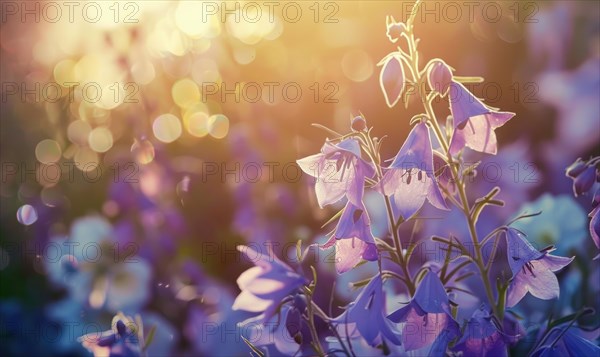 Bellflowers blooming in a cottage garden, closeup view, soft focus AI generated