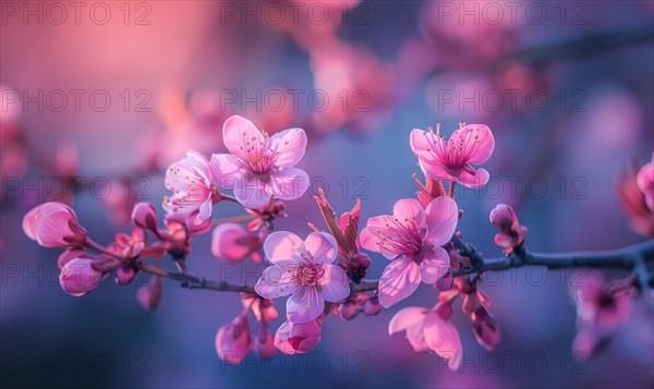 Blooming cherry blossom tree, closeup view, selective focus, bokeh AI generated