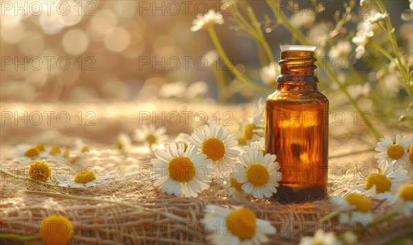 Chamomile essential oil in a dropper bottle, closeup view, skin care cosmetic background AI generated