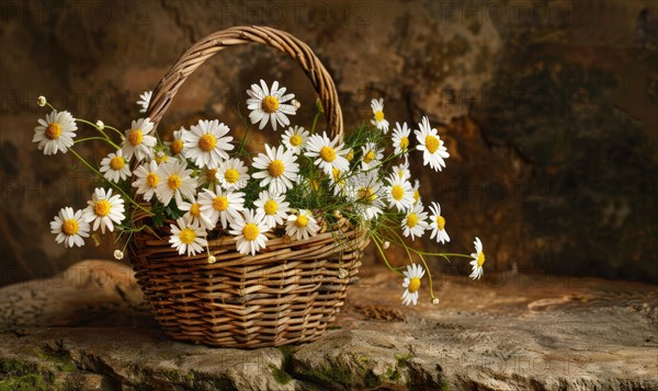 Chamomile flowers in a wicker basket AI generated