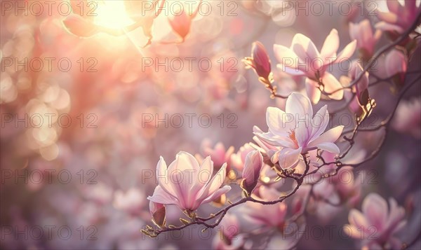 Magnolia blossoms illuminated by soft sunlight filtering through the trees AI generated