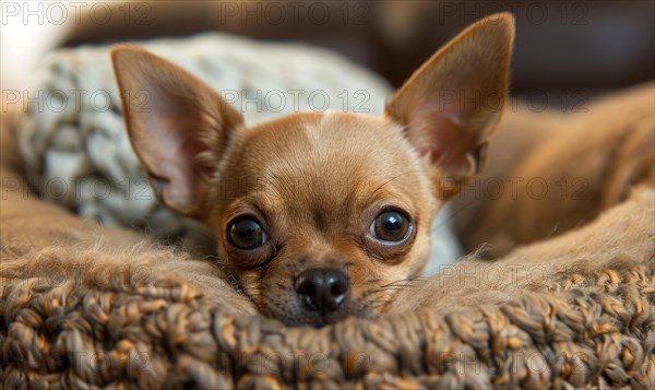 Small Chihuahua puppy peeking out from a cozy dog bed AI generated