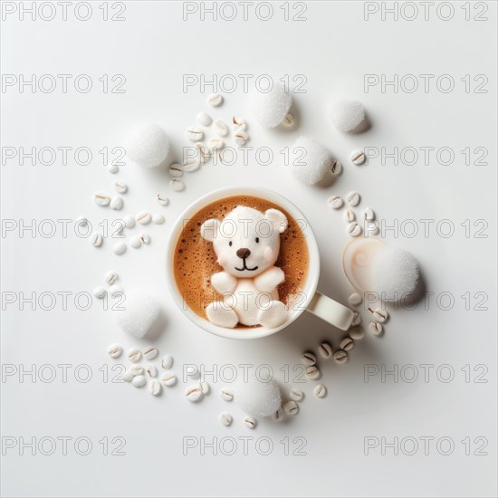 A top view of a playful bear-shaped latte art in a coffee cup, surrounded by marshmallows and coffee beans on a white background, AI generated