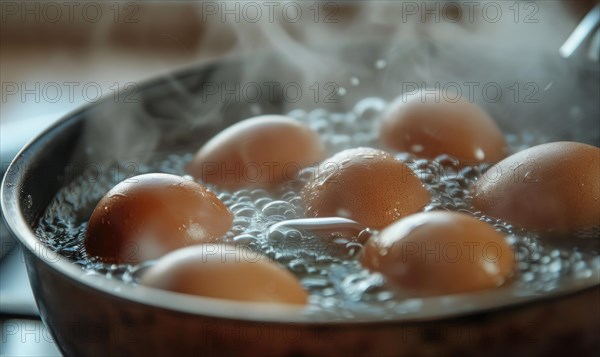 Eggs boiling in a pot of water, closeup view AI generated