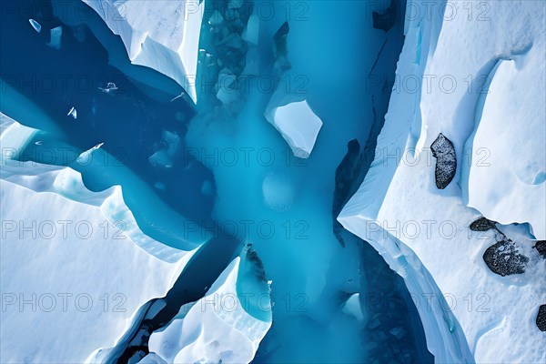 Glaciers crevasse from an aerial top down view with deep blue hues echoing the glaciers dynamic, AI generated