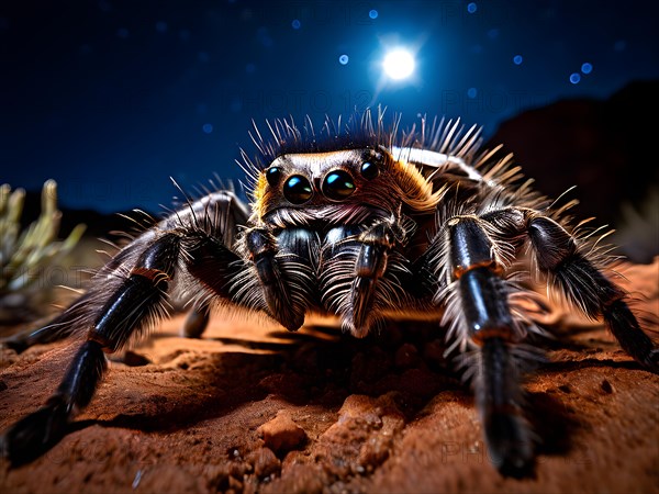 Tarantula hair textured in moonlight glow prowling through chihuahuan desert, AI generated