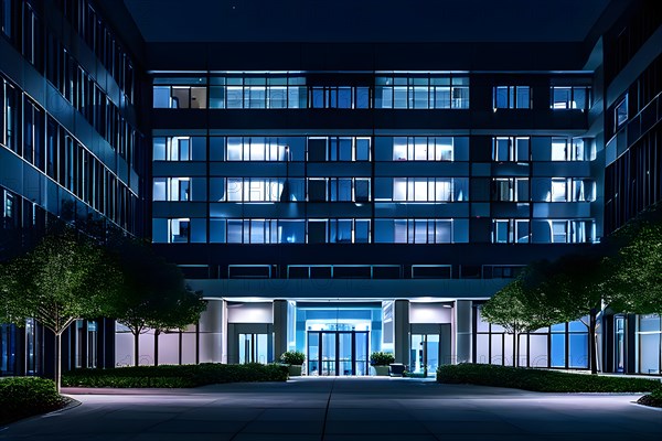 Modern hospital complex at night with lights in various windows, AI generated, modern, architecture