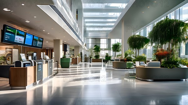 Spacious hospital lobby featuring touch free registration kiosks, AI generated, modern, architecture