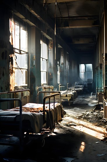 Rows of empty rusting hospital beds suspended in the melancholy, AI generated, hospital, damage, abandoned, ruin, decrepit