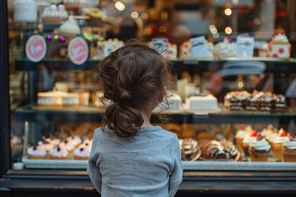 Young girl child looking at various cakes through shopping window of pastry shop. KI generiert, generiert, AI generated