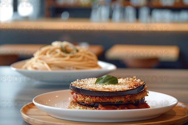 Layered eggplant and pasta dish topped with tomato sauce and Parmesan in a restaurant, AI generated