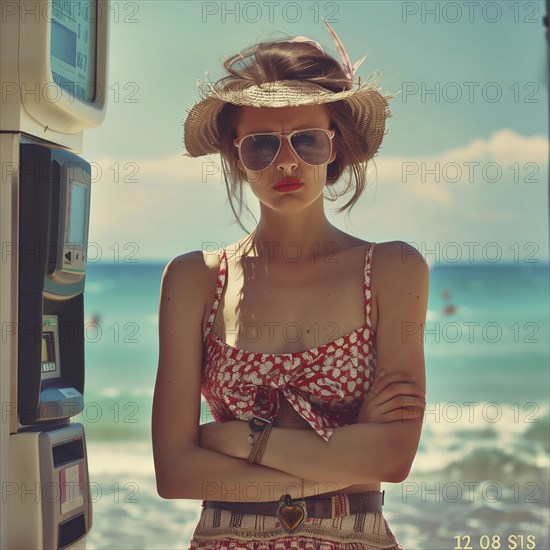 An anxious young woman with a vintage look stands in front of a parking meter on a sunny beach, AI generated