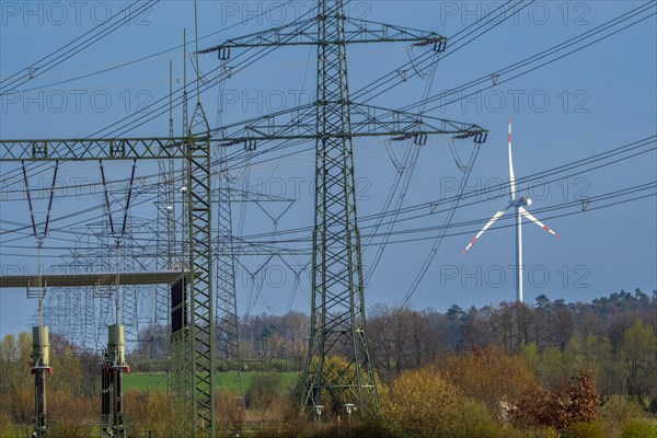 Stendal West substation with wind turbines in the background near Luederitz, Stendal, Saxony-Anhalt, Germany, Europe