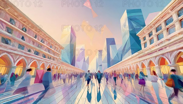 Modern and colorful take on a historical city square with lively pedestrian activity and reflections, low poly style, AI generated