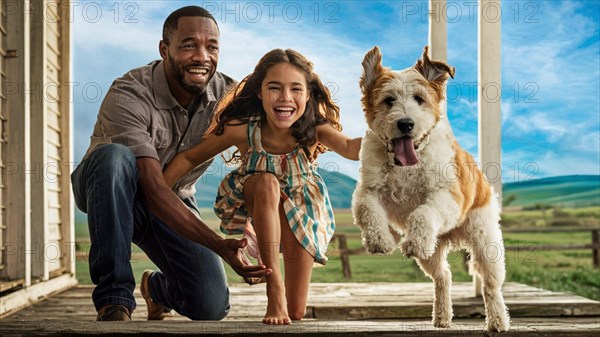Father and daughter playing with a lively dog on a sunny porch in the countryside, AI generated