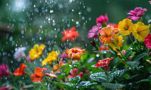 Raindrops falling on colorful spring flowers in a garden AI generated