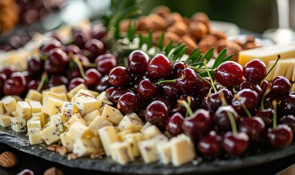 Ripe cherries arranged on a platter with cheese and nuts AI generated