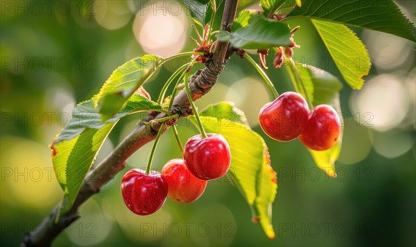 Ripe cherries peeking out from the branches of a cherry blossom tree AI generated