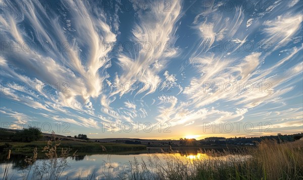 The sun peeking through a fluffy cumulus clouds, clouds reflected in water surface, sunset on the lake, AI generated