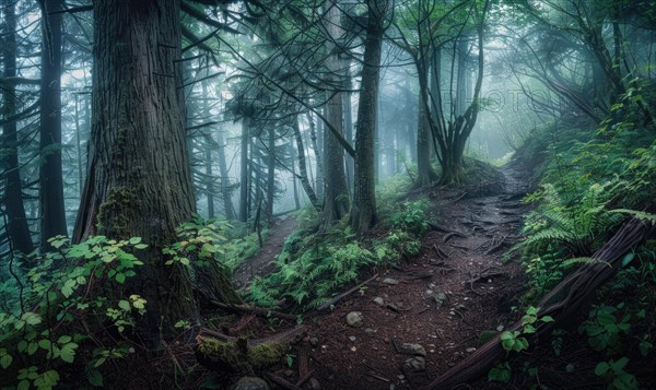 A cedar forest in the rain, nature background AI generated