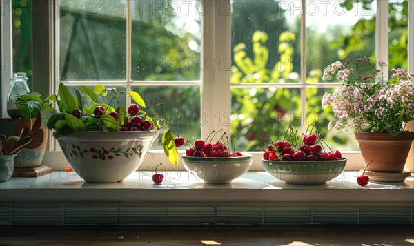 A cozy kitchen window sill adorned with bowls of ripe cherries AI generated