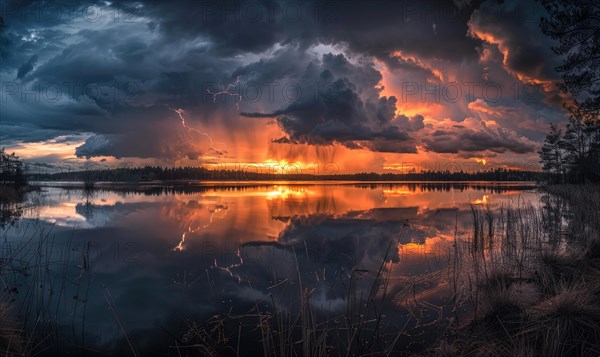 A dramatic stormy sky looming over the horizon, with dark clouds and flashes of lightning reflected in the waters of a lake AI generated