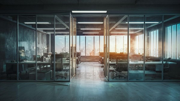 Modern office with glass partitions and industrial style interior illuminated by evening light, horizontal, AI generated