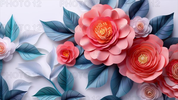 Intricate 3D paper art featuring coral roses and blue leaves against a grey backdrop, ai generated, AI generated