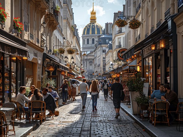 Lebhafte Strasse mit Menschen, die zwischen Cafes und klassischer Architektur flanieren, Lifestyle in Paris, Frankreich, AI generiert, AI generated
