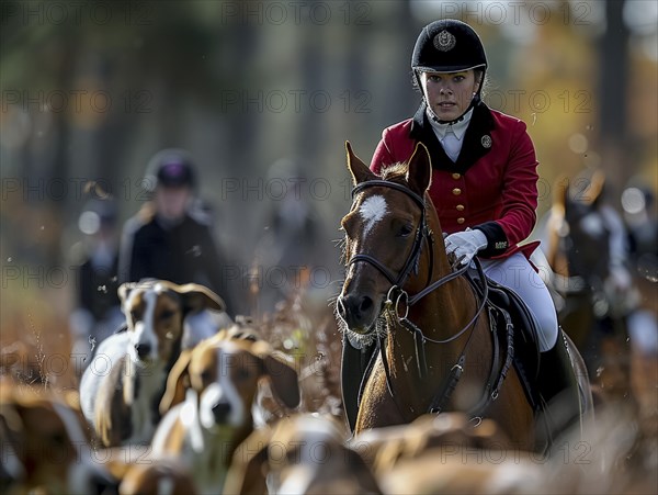 Traditional fox hunting with traditional clothing in England on horseback with dogs over hill and dale, AI generated