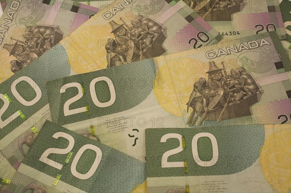 Close-up of reverse side of green, yellow, white, brown and pink Canadian Bank of Canada twenty dollar bills, Studio Composition, Quebec, Canada, North America