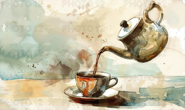 Watercolor illustration of a vintage coffee pot pouring coffee into a cup AI generated